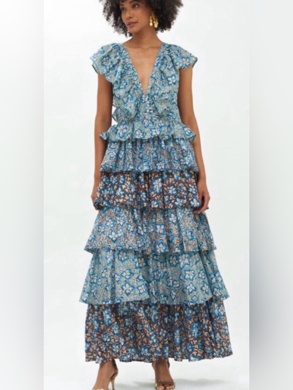 Oliphant Ivy Blue Gold Floral Yoke Ruffle Cotton Maxi Dress